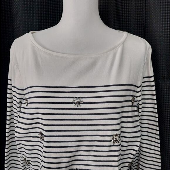 TALBOTS! BLACK & WHITE STRIPED, BEJEWELED FLOWER DETAIL TOP, TEE! SZ XLP - Picture 3 of 8